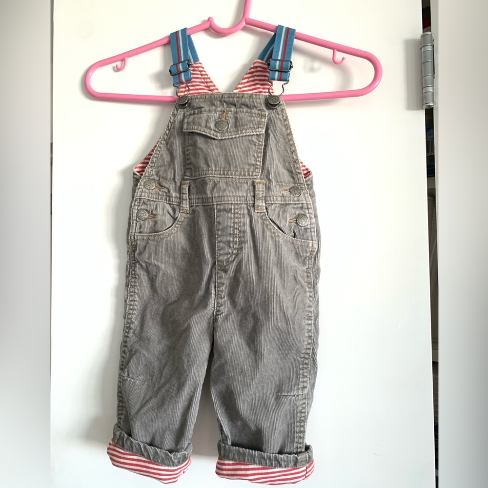 Mini Boden grey and stripe lined corduroy overalls 6-12m